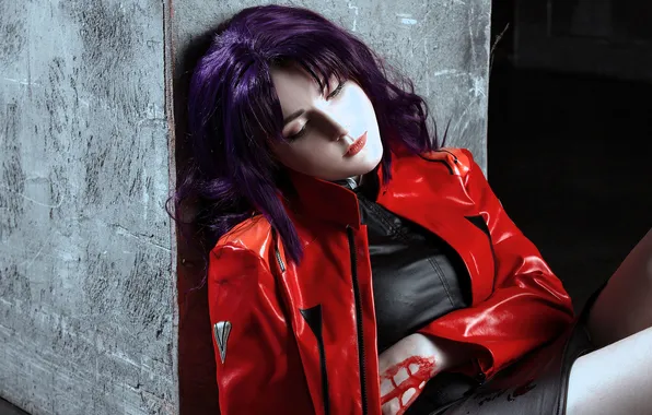 Девушка, кровь, куртка, костюм, наряд, косплей, фиолетовые волосы, Evangelion