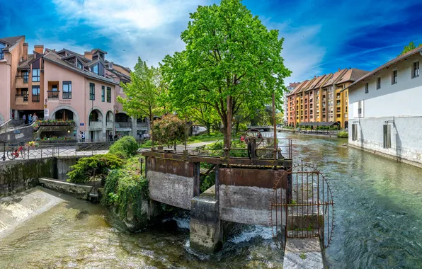 Франция, Дома, Деревья, Annecy, Водный канал