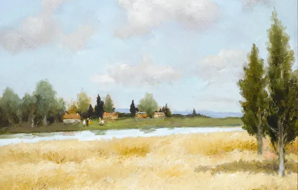 Поле, деревья, пейзаж, дома, картина, Марсель Диф, Пшеница и река