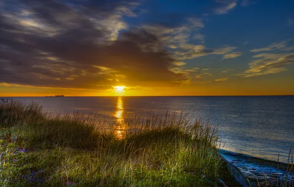 Море, небо, солнце, облака, закат, берег