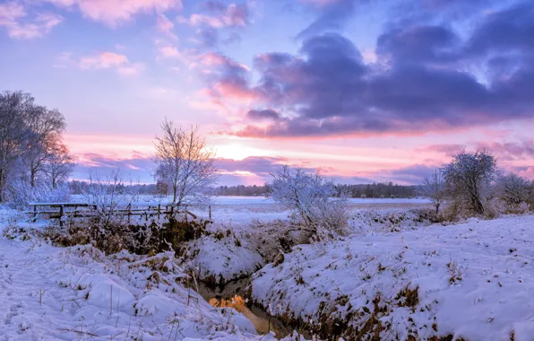 Картинка зима, поле, снег, деревья, мост, рассвет, утро, деревня