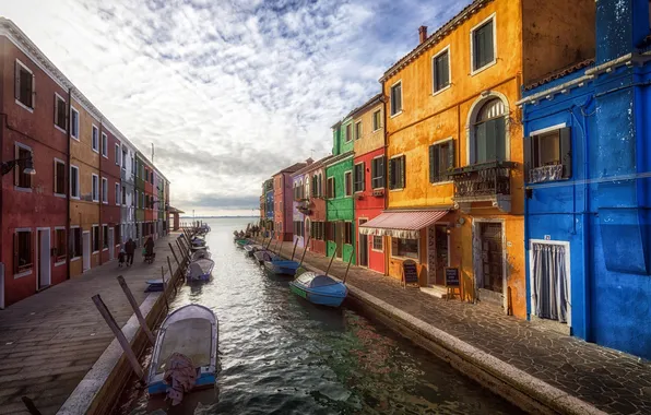 Картинка облака, краски, дома, лодки, утро, Венеция, канал, остров Бурано