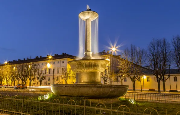 Огни, улица, дома, вечер, фонари, Италия, фонтан, Piedmont