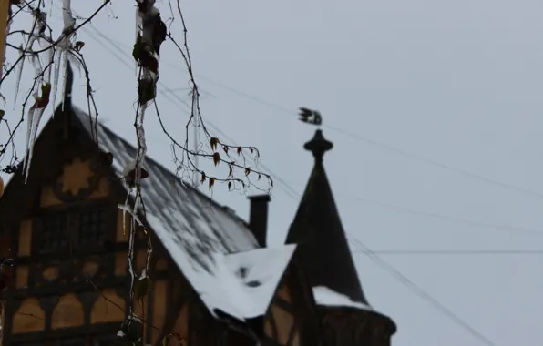 Небо, Зима, Дом, Церковь, Серое