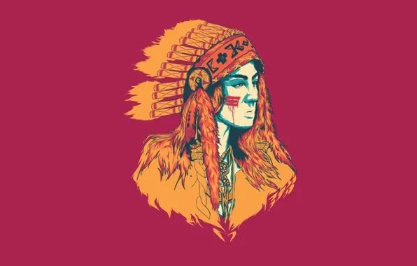 Девушка, минимализм, перья, индеец, indian, головной убор