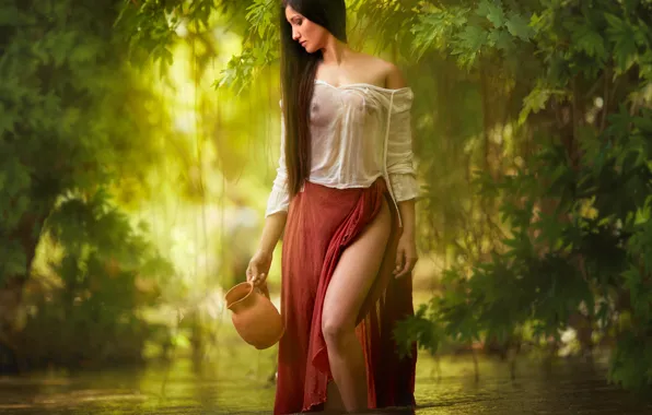 Вода, девушка, природа, растительность, юбка, блузка, кувшин, плечи