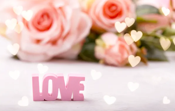 Фон, надпись, Love, розы, букет, сердечки