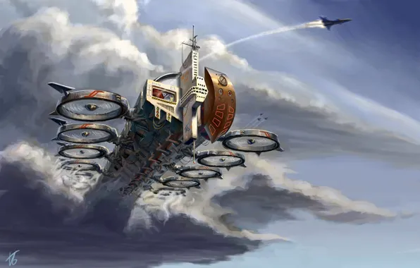 Картинка облака, транспорт, корабль, арт, самолеты, в небе, edarneor