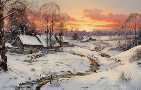 Art, winter, farm, drawing, cabin