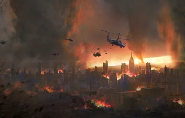 Картинка Город, Дым, Война, Вертолеты, Торнадо, Разруха, Конец света, Ядерная война