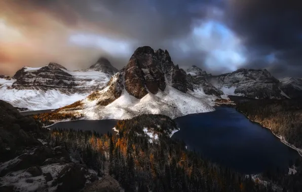 Картинка зима, осень, лес, облака, снег, горы, озера, Канада