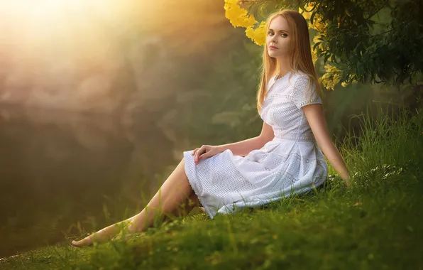 Лето, взгляд, девушка, природа, поза, блондинка, белое платье, русая