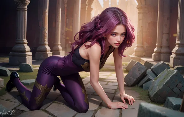 Code Geass, women, purple hair, AI art, Stable Diffusion, purple clothing, Cornelia li Britannia
