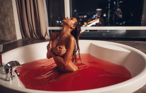 Грудь, вода, девушка, поза, волосы, мокрая, руки, окно