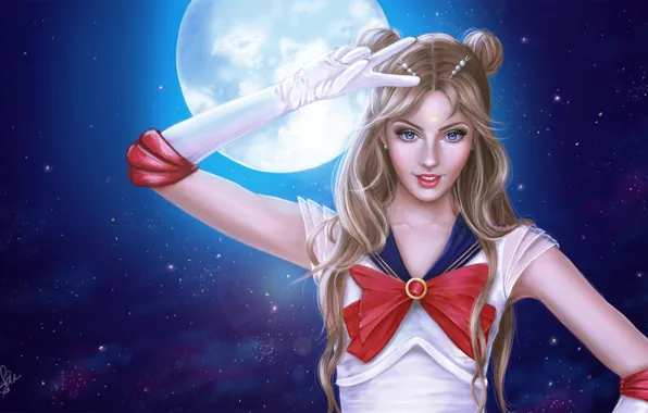 Взгляд, девушка, ночь, луна, аниме, арт, костюм, Sailor moon