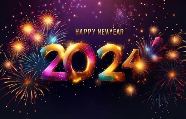 Салют, colorful, цифры, Новый год, golden, neon, numbers, New year