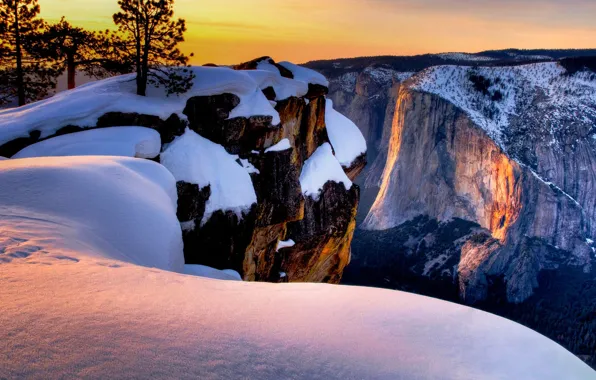 Снег, горы, скалы, Калифорния, США, Yosemite National Park, Taft Point