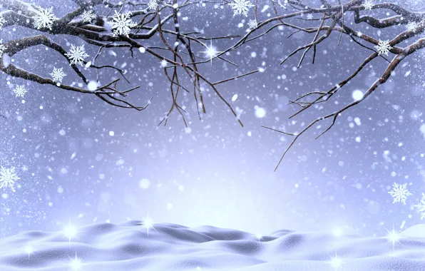Картинка зима, снег, деревья, снежинки, ветки, landscape, winter, snow