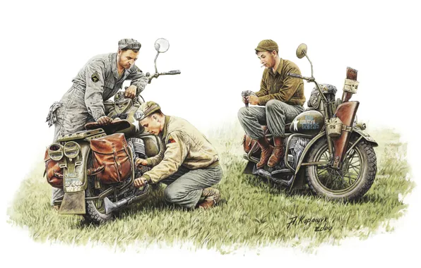 Картинка модель, арт, мотоцикл, солдаты, США, ремонт, перекур, Harley-Davidson