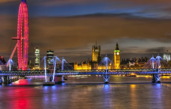 Картинка ночь, мост, река, Англия, Лондон, вечер, освещение, Великобритания