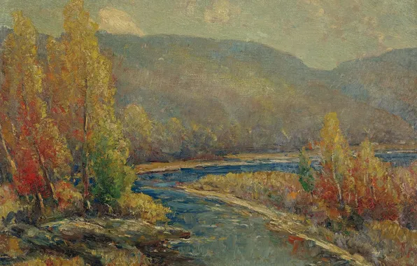 Картинка деревья, пейзаж, горы, река, картина, Осень в Делавэре, Cullen Yates