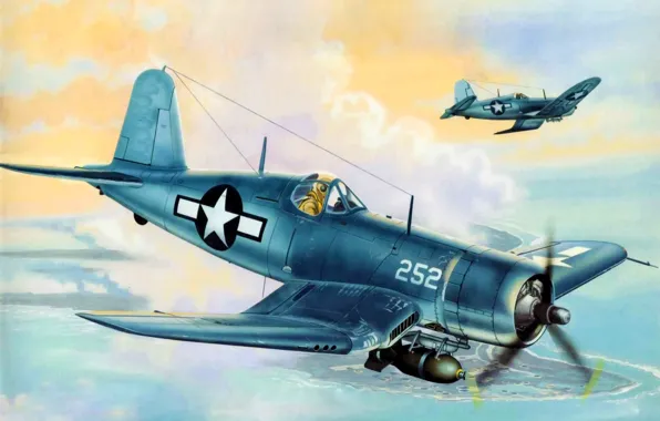 Картинка fighter, war, art, airplane, painting, ww2, F4U Corsair