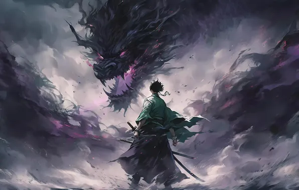 Dragon, samurai, Fantasy
