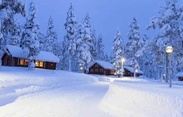 Картинка зима, дорога, снег, деревья, пейзаж, природа, дома, вечер