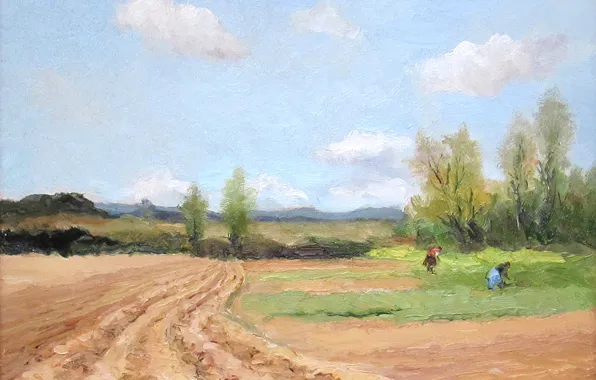 Поле, пейзаж, горы, картина, Марсель Диф, Field Labouring