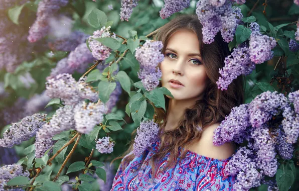 Взгляд, девушка, лицо, весна, шатенка, сирень, Renat Fotov