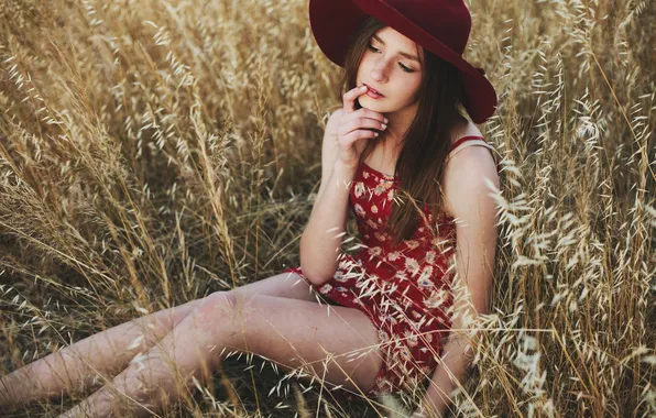 Трава, девушка, поза, шляпа, сидит