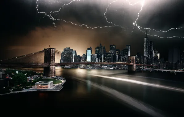 Ночь, стихия, молнии, New York, Brooklyn Bridge Park