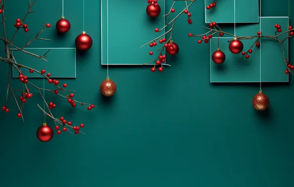 Шарики, ветки, квадраты, Рождество, красные, Новый год, бирюзовый фон, геометрические фигуры