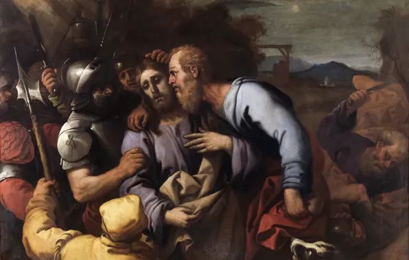 Картинка картина, религия, мифология, Лука Джордано, Поцелуй Иуды