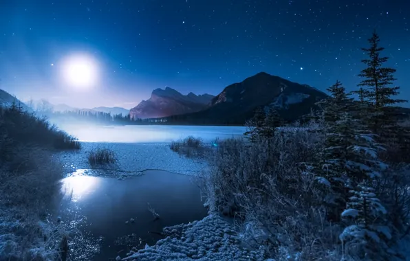 Картинка зима, горы, ночь, озеро, луна, ели, мороз, Канада