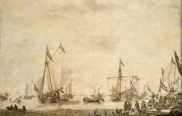 Рисунок, чернила, 1693, Willem van de Velde I, Виллем ван де Велде Старший, Корабли 'Prinsenjacht' …