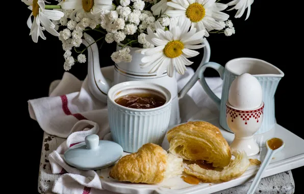Яйцо, ромашки, завтрак, джем, круассан