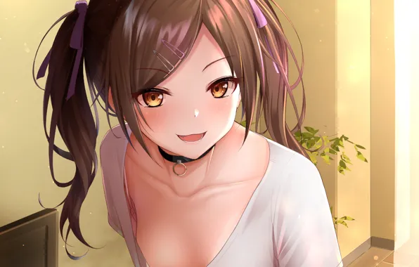 Girl, sexy, cleavage, long hair, brown hair, boobs, anime, beautiful