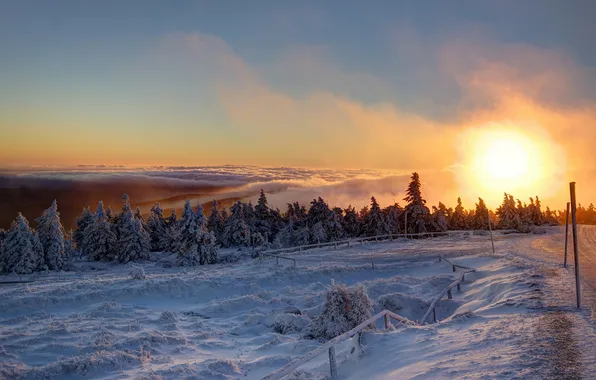 Картинка Schnee, Berg, Brocken, Wolken, Morgen, Nebel, Eis, Sonnenaufgang