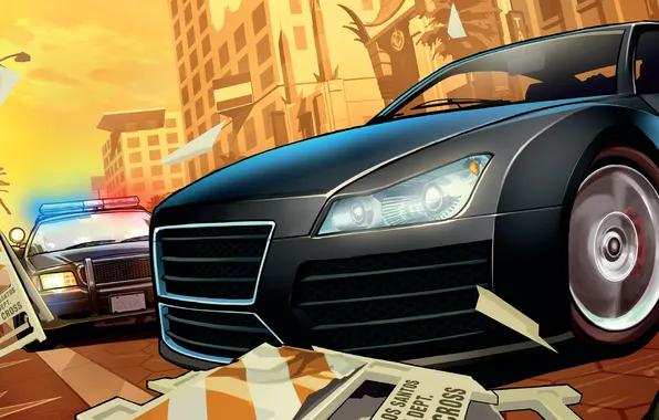 Машины, полиция, арт, Grand Theft Auto V, Rockstar Games, лос сантос