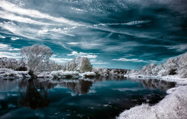 Картинка зима, небо, вода, облака, снег, деревья, пейзаж, река