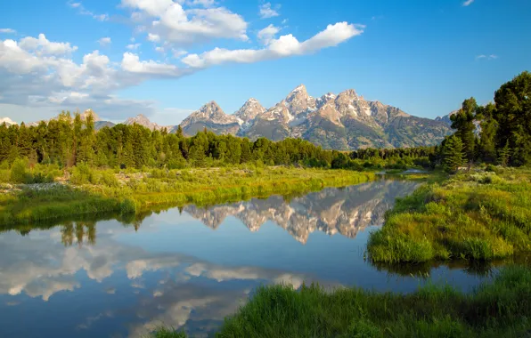 Горы, озеро, отражение, Вайоминг, Wyoming, Гранд-Титон, Grand Teton National Park