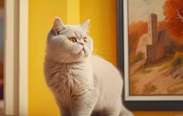 Кошка, белый, кот, взгляд, поза, картина, мордашка, желтые глаза