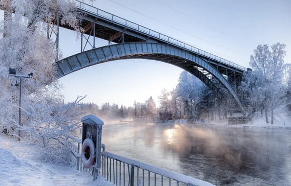 Зима, снег, мост, река, утро, арка