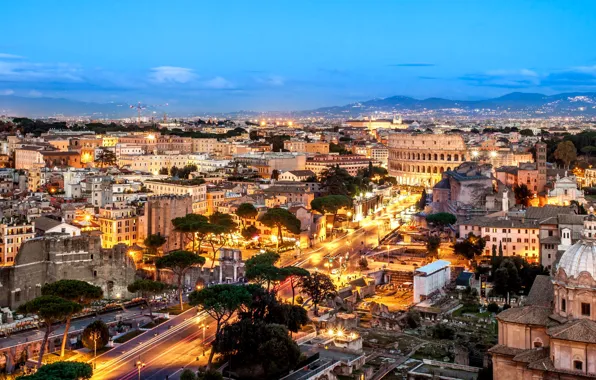 Картинка огни, дома, вечер, Рим, Италия, панорама, улицы