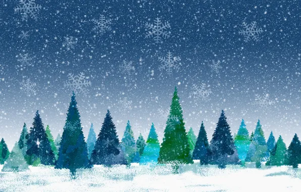 Картинка зима, снег, снежинки, ели, Рождество