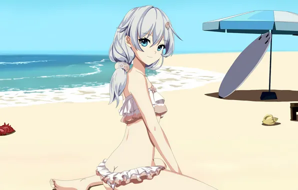 Girl, sexy, beach, sky, long hair, legs, sea, anime