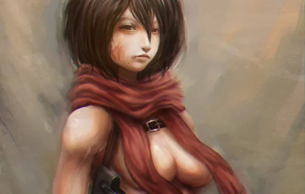 Грудь, кровь, шарф, арт, shingeki no kyojin, mikasa ackerman