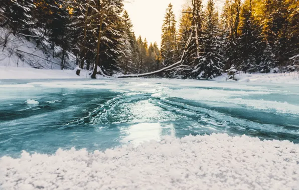 Poland, Jeleśnia, Beskidy, Frozen River