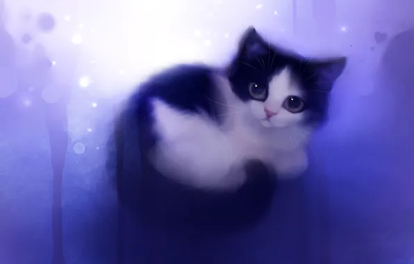 Картинка кошка, взгляд, котенок, рисунок, художник, apofiss, wish, клубочек